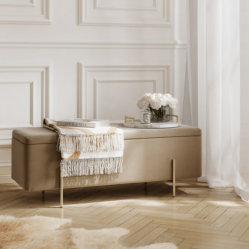 Madison Designs Lara Beige Velvet Storage Ottoman Box With Gold Feet