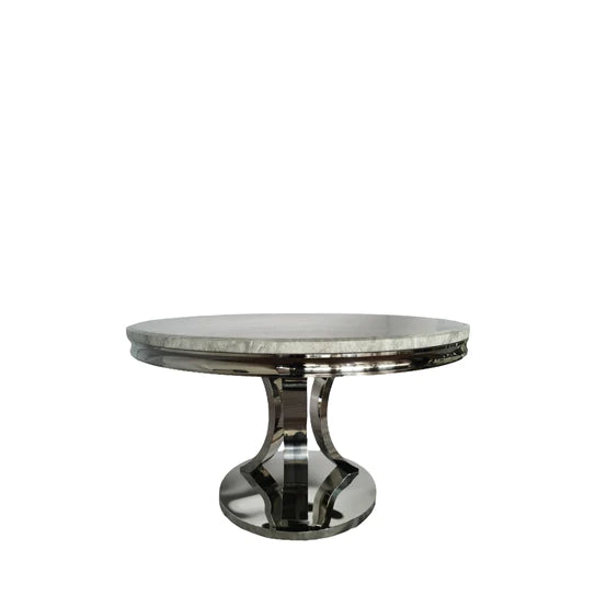 Arial 130cm Marble Round Dining Table With Shimmer Chrome Ring Knocker Chairs