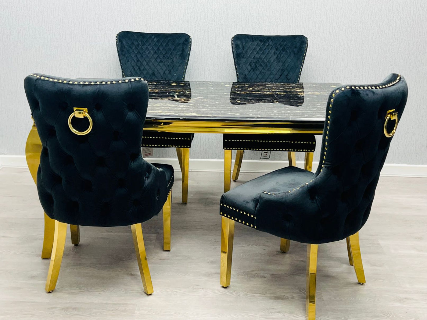 Louis 160cm Marble & Gold Dining Table With Victoria Gold Ring Knocker Velvet Chairs