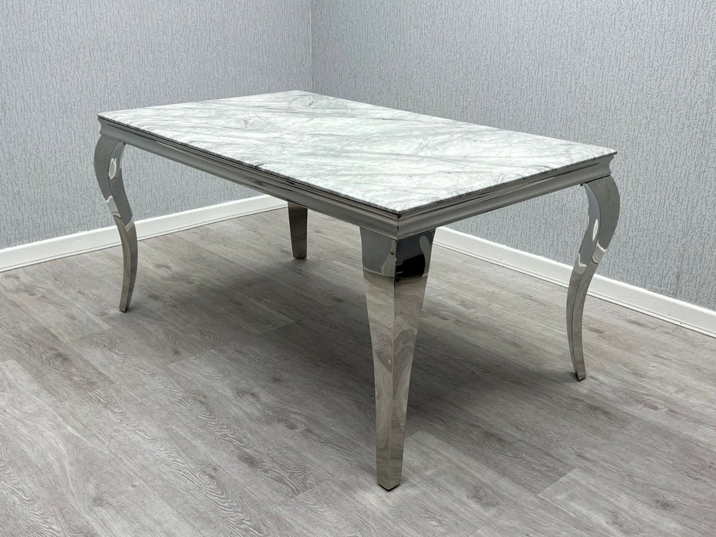 Louis 120cm Marble & Chrome Dining Table With Grey Lion Knocker Velvet Chairs & Bench