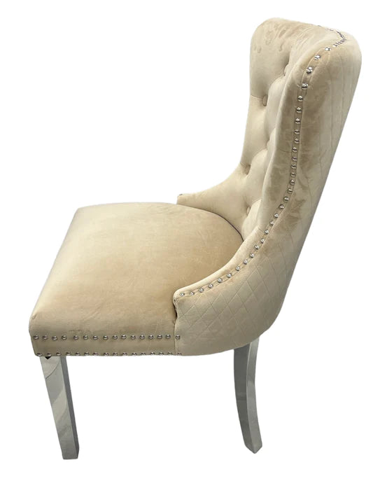 Mayfair Lion Knocker Quilted Tufted Plush Velvet Dining Chair Chrome Legs - 3 Colours