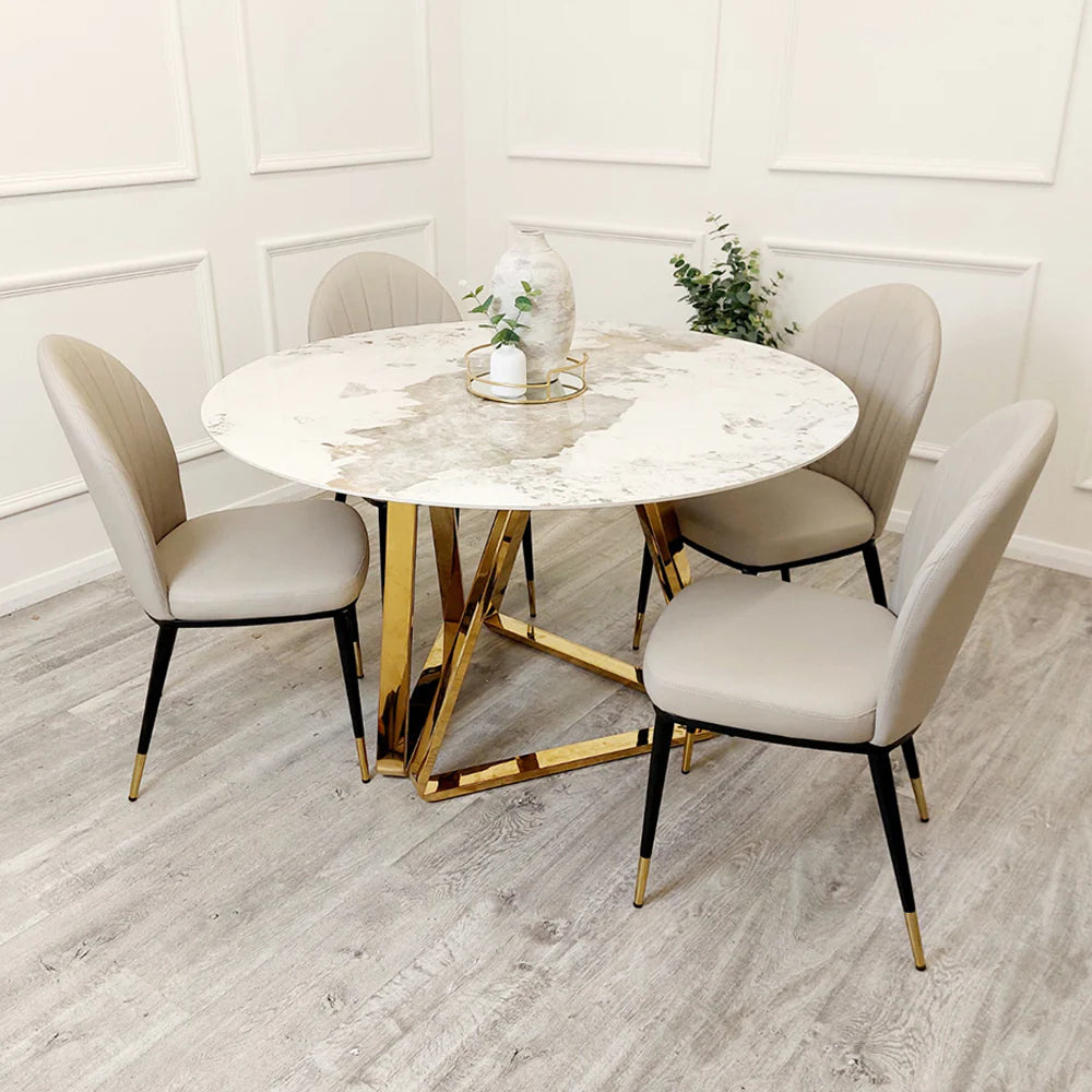 Nero 130cm Round Gold Dining Table with Pandora Gold Ceramic Marble Top + Etta Beige PU Leather Dining Chairs