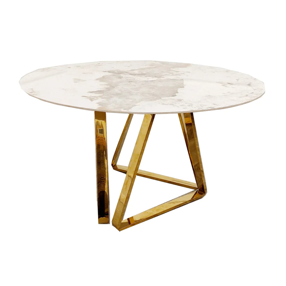Nero 130cm Round Gold Dining Table with Pandora Gold Sintered Stone Top + Gold Lion Knocker Dining Chairs-Esme Furnishings