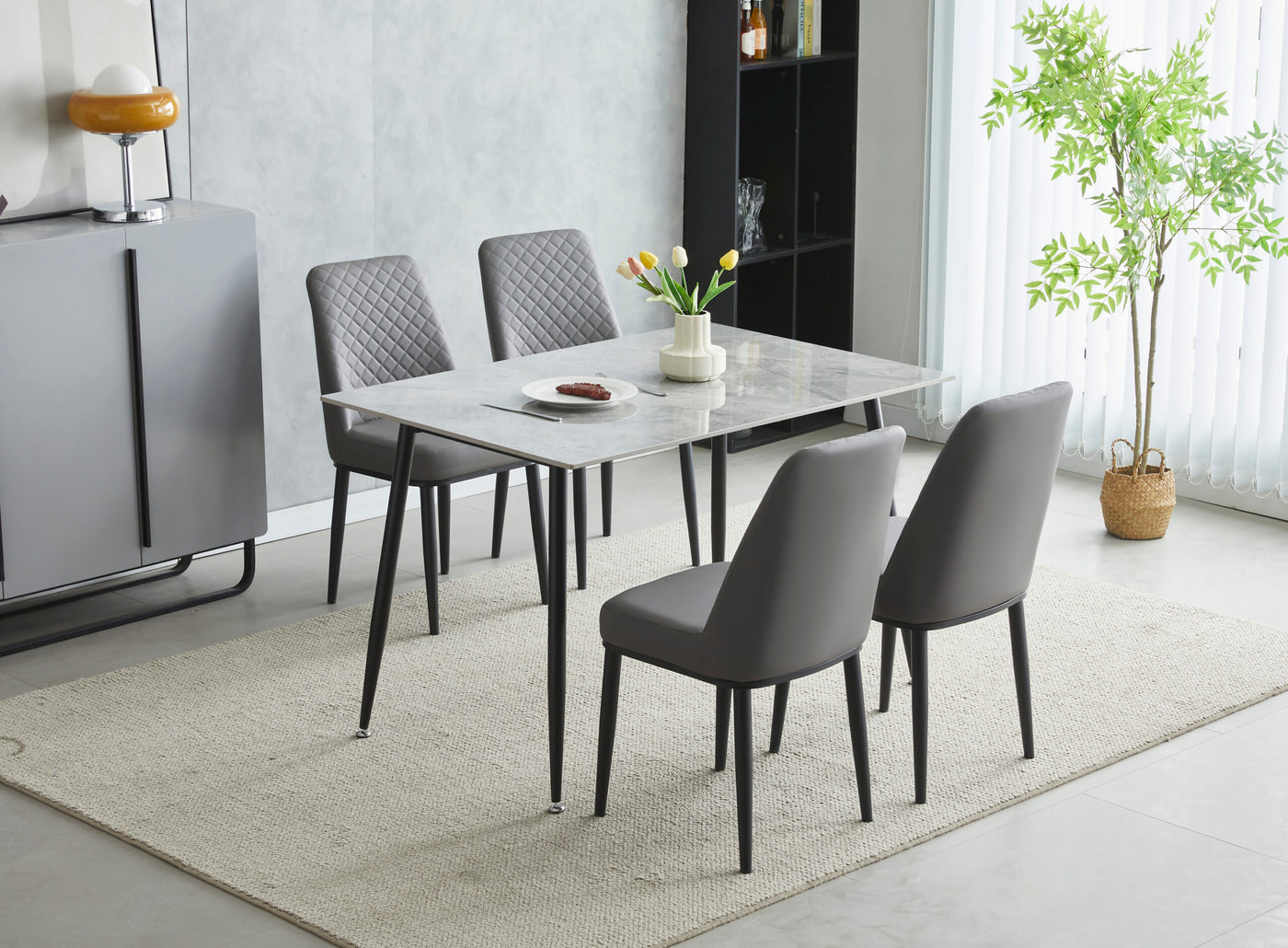 Oxford 120cm Grey Ceramic Top Dining Table With 4 Grey PU Leather Dining Chairs