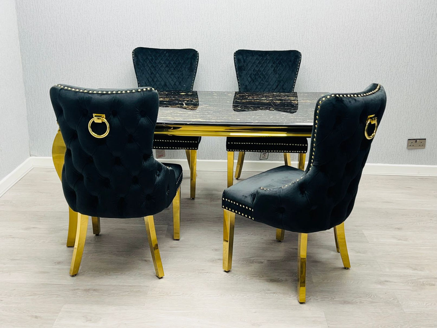 Louis 160cm Marble & Gold Dining Table With Victoria Gold Ring Knocker Velvet Chairs