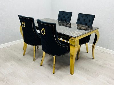 Louis Gold Black Marble Dining Table With Black/Gold Ring Quilted Knocker Dining Chairs