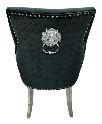 Roma Lion Knocker Quilted Tufted Shimmer Velvet/Leather Dining Chair Chrome Legs