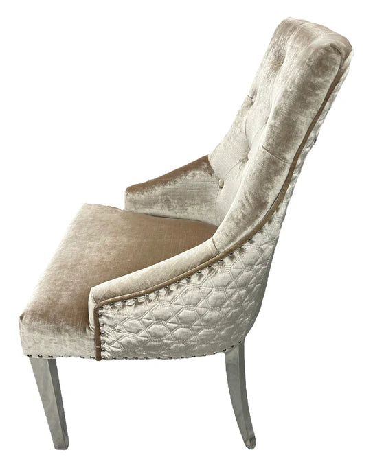 Roma Lion Knocker Quilted Tufted Shimmer Velvet/Leather Dining Chair Chrome Legs