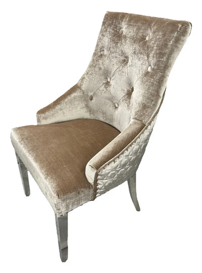 Roma Lion Knocker Quilted Tufted Shimmer Velvet/Leather Dining Chair Chrome Legs