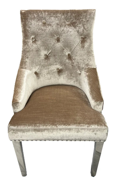 Roma Lion Knocker Quilted Tufted Shimmer Velvet/Leather Dining Chair Chrome Legs