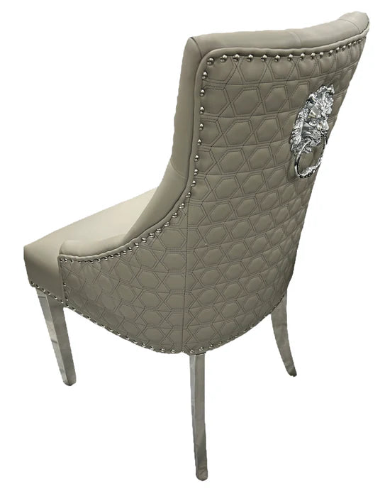 Roma Lion Knocker Quilted Tufted Shimmer Velvet/Leather Dining Chair Chrome Legs