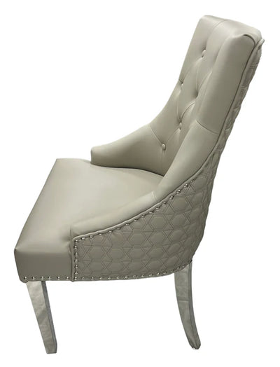 Roma Lion Knocker Quilted Tufted Shimmer Velvet/Leather Dining Chair Chrome Legs