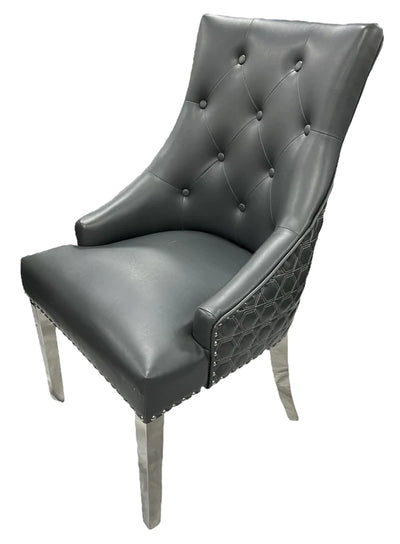 Weston Grey PU Dining Chair Faux Leather Round Ring Knocker Chrome