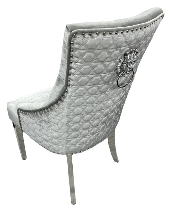 Roma Lion Knocker Quilted Tufted Shimmer Velvet/Leather Dining Chair Chrome Legs