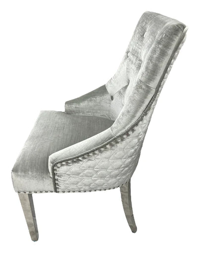 Roma Lion Knocker Quilted Tufted Shimmer Velvet/Leather Dining Chair Chrome Legs