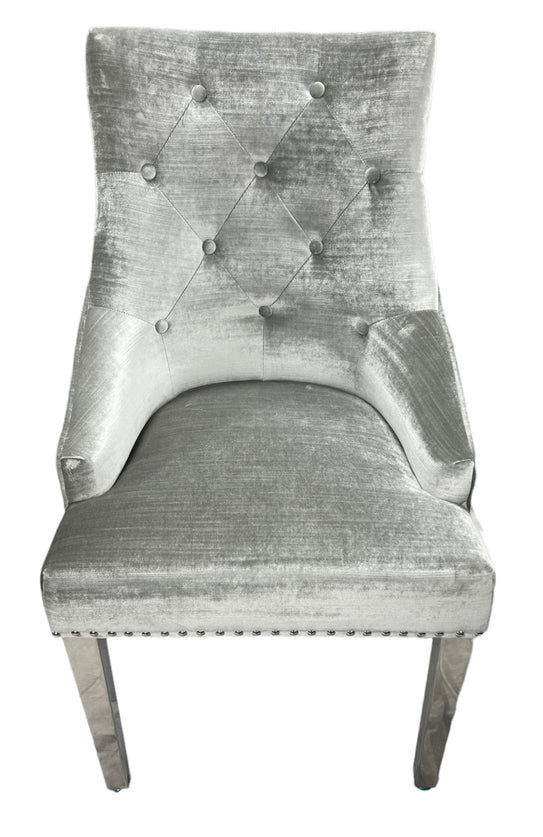 Roma Lion Knocker Quilted Tufted Shimmer Velvet/Leather Dining Chair Chrome Legs