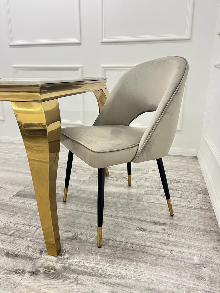 Valeo 180cm Gold/White Ceramic Marble Dining Table + Astra PU Leather / Fabric Dining Chairs