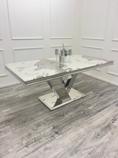 Venice 180cm Marble & Chrome Dining Table With Quilted Lion Knocker Velvet Chairs
