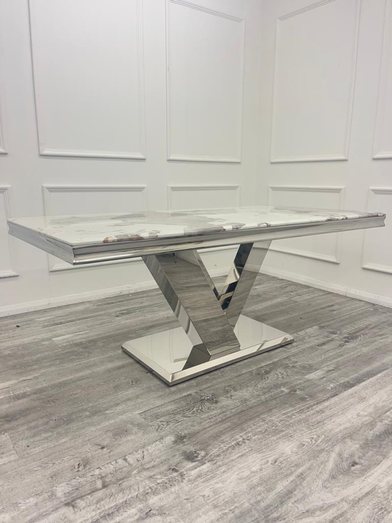 Venice 180cm Marble & Chrome Dining Table With Chrome Ring Knocker Velvet Chairs