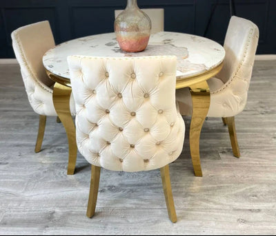 Louis 130cm Gold Round Marble Dining Table + Kensington Cream/Gold Velvet Dining Chairs