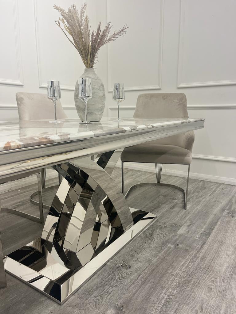 Ottavia 180cm Marble & Chrome Dining Table With Carlton Grey/Chrome Velvet Chairs