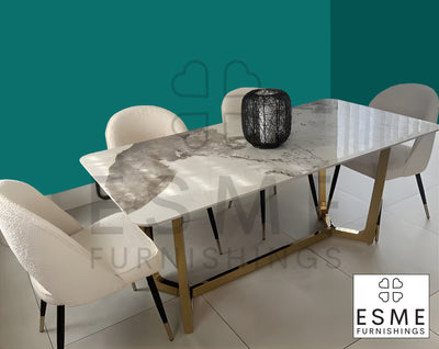 Lucien 180cm Pandora Ceramic Marble Gold Dining Table With Venice Cream Boucle Fabric Dining Chairs