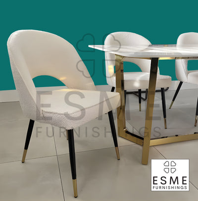 Lucien 180cm Pandora Ceramic Marble Gold Dining Table With Venice Cream Boucle Fabric Dining Chairs