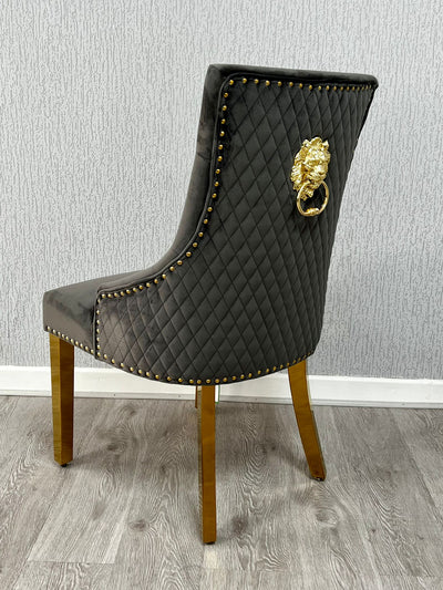 Majestic Dark Grey Gold Lion Knocker Quilted Tufted Plush Velvet Dining Chair Gold Legs