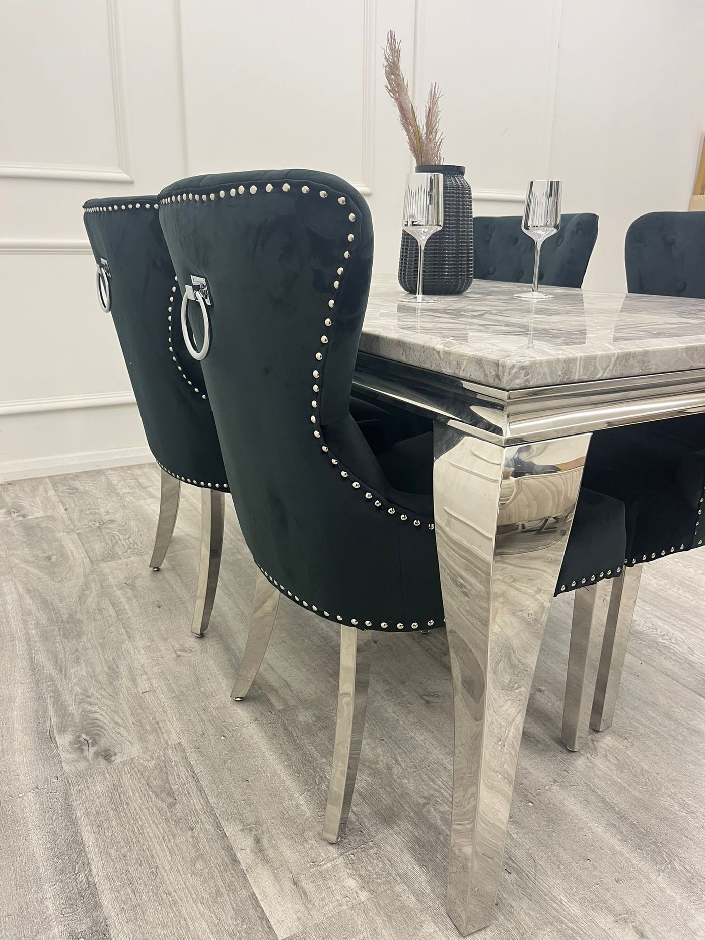 Louis Marble & Chrome Dining Table With Megan Chrome Ring Knocker Velvet Chairs