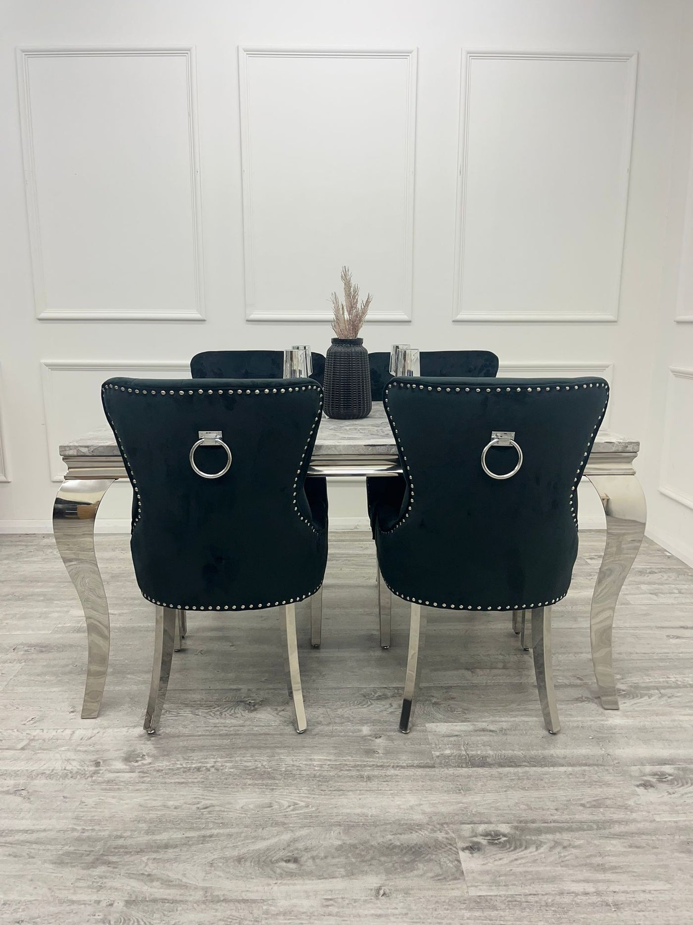 Louis Marble & Chrome Dining Table With Megan Chrome Ring Knocker Velvet Chairs