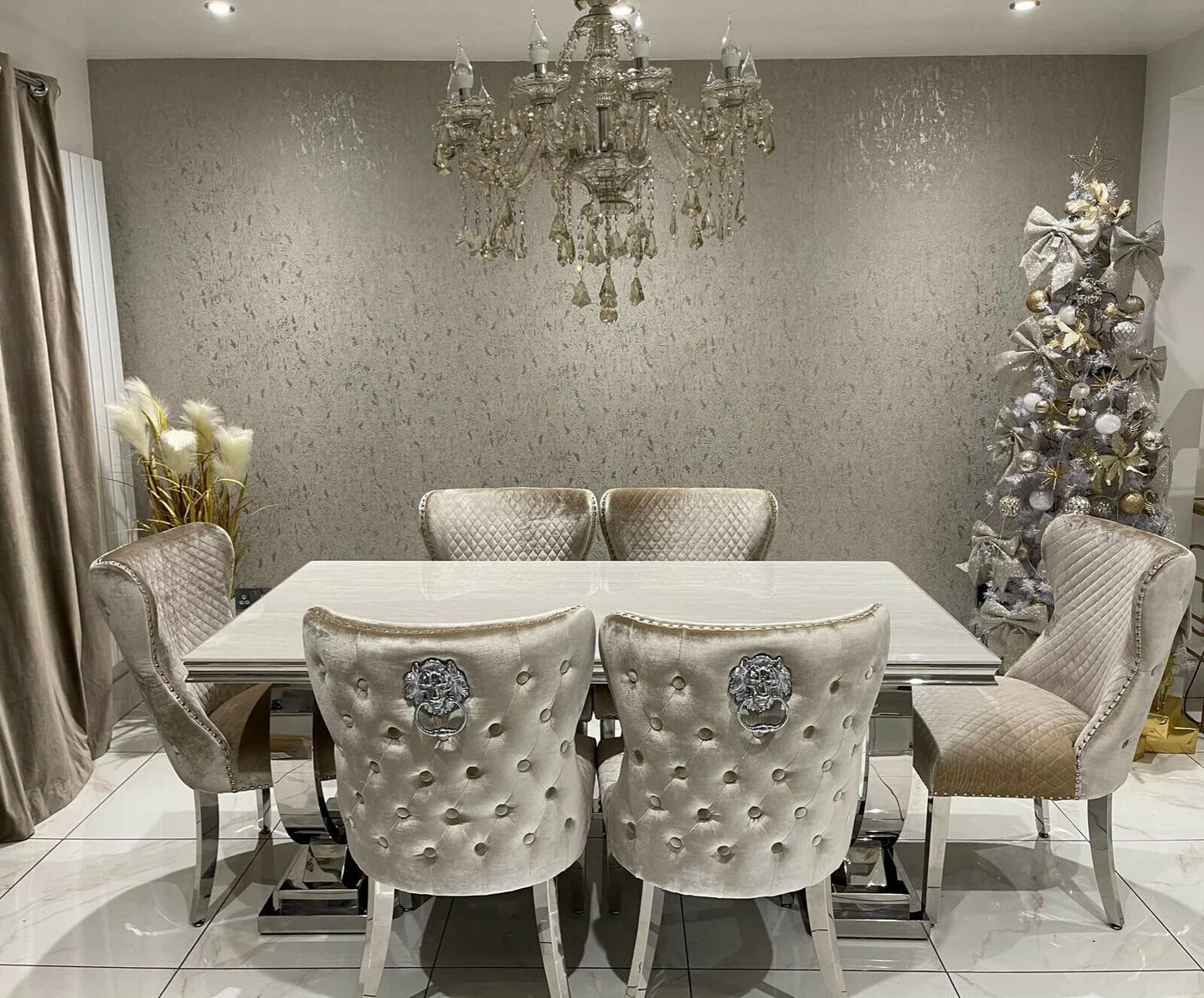 Arianna Marble & Chrome Dining Table With Shimmer Valente Lion Knocker Chairs
