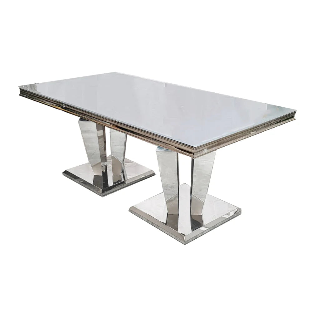 Arturo Marble & Chrome Dining Table With Shimmer Chrome Ring Knocker Chairs