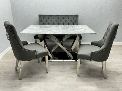 Amara 180cm Grey Marble & Chrome Dining Table With Majestic PU Leather Lion Knocker Dining Chairs