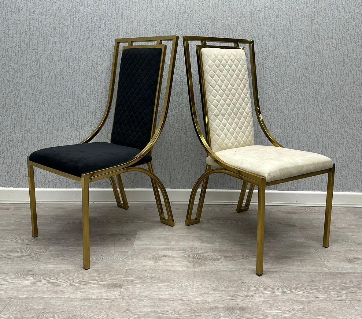Ohio Gold White Marble 180cm Dining Table + Gold Leathaire Fabric Dining Chairs In 2 Colours