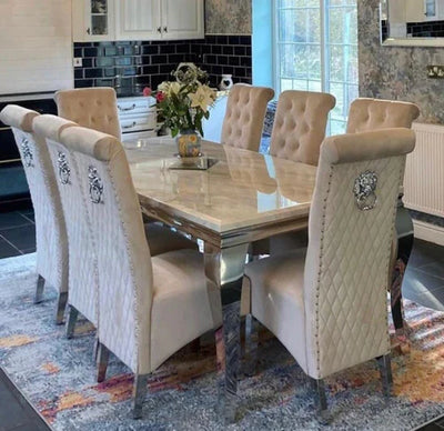 Louis Marble & Chrome Dining Table With Lucy Slim Quilted Lion Knocker Velvet Chairs & 140cm Bench