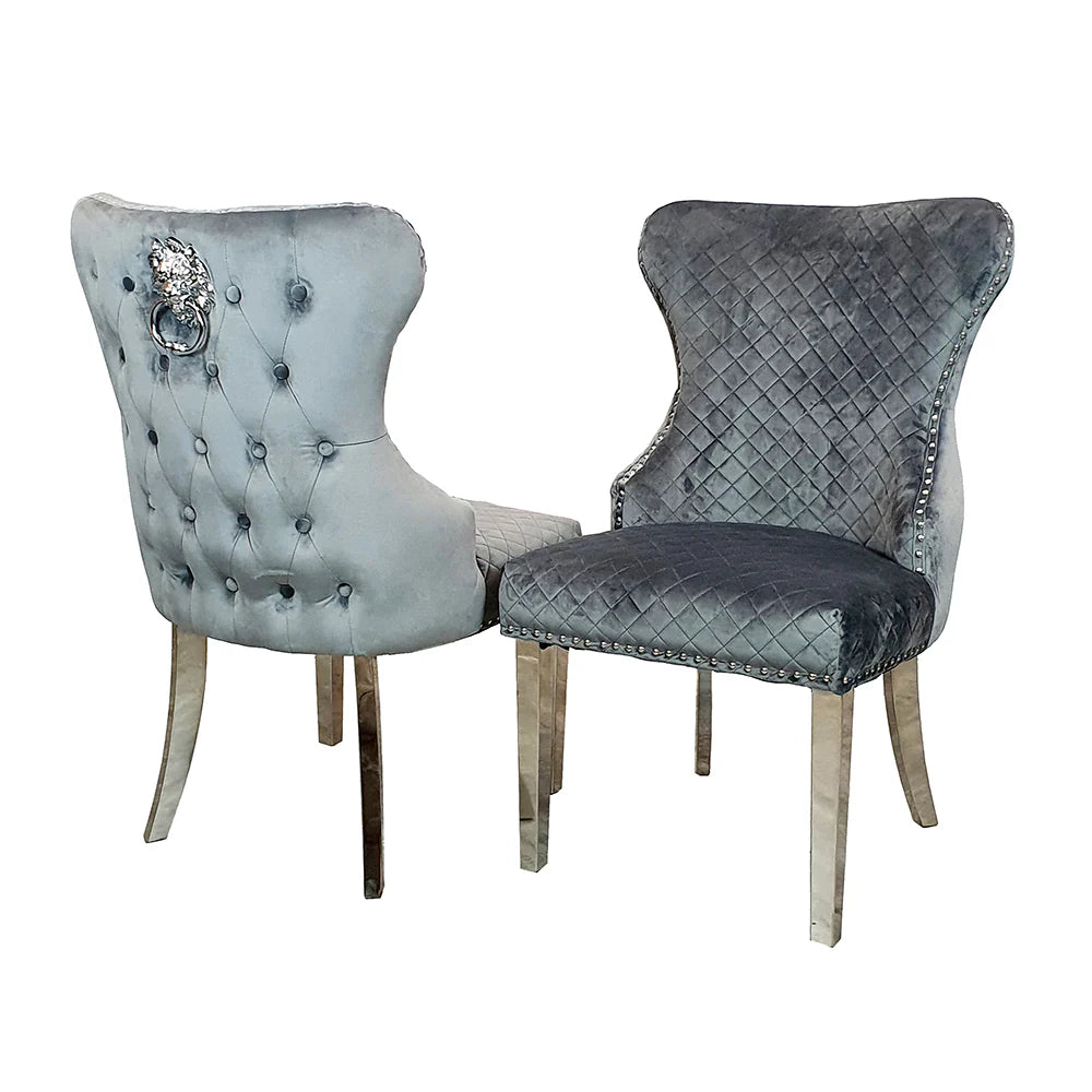 Valente Shimmer Velvet Fabric Button Back Lion Knocker Quilted Dining Chair In 3 Colours