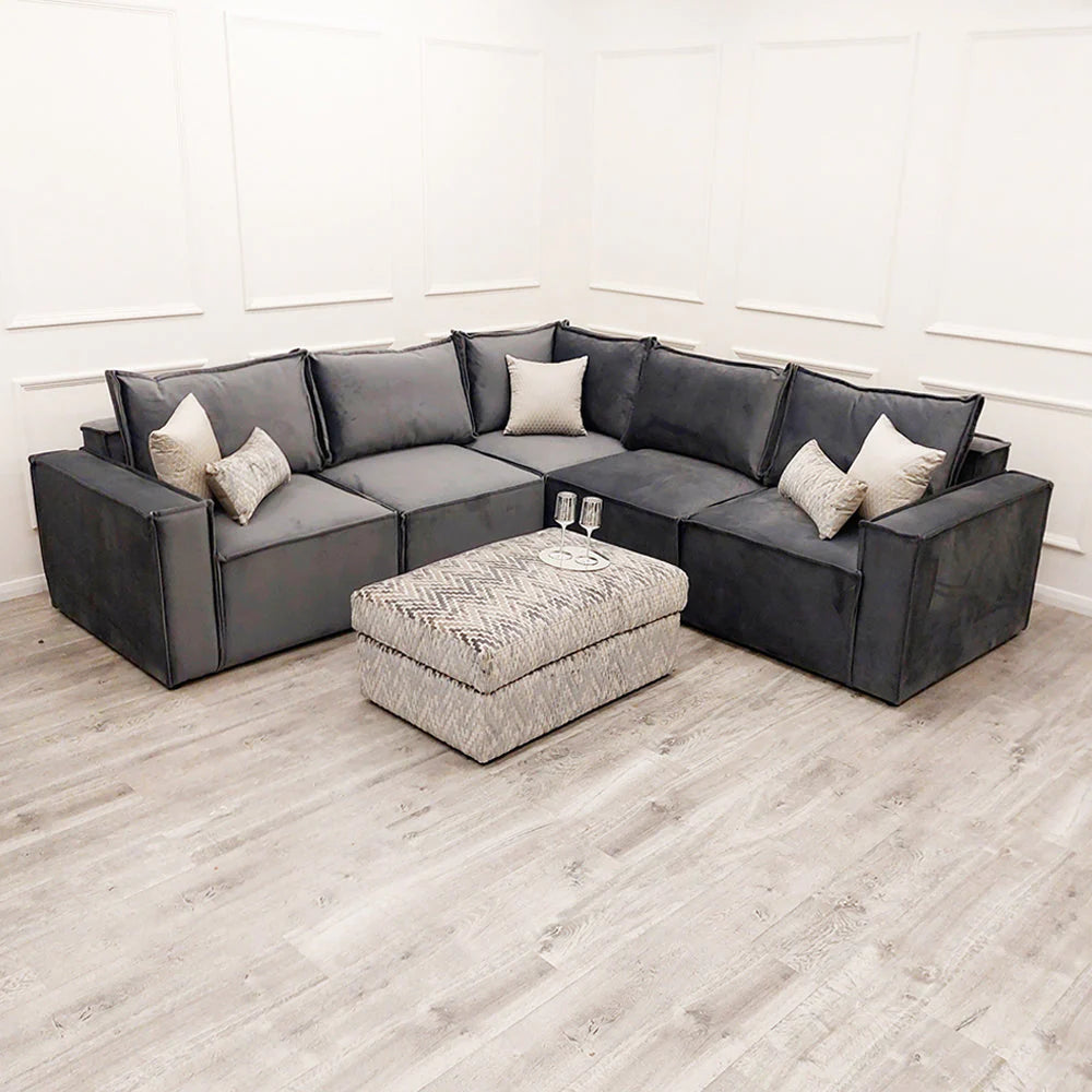 Claridge Premium Plush Velvet Fabric Corner 5 Piece Sofa In 4 Colours