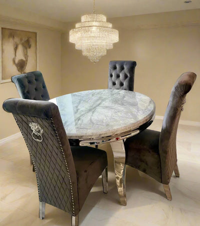 Louis 130cm Marble Round Dining Table + Lucy Slim Quilted Lion Dining Chairs