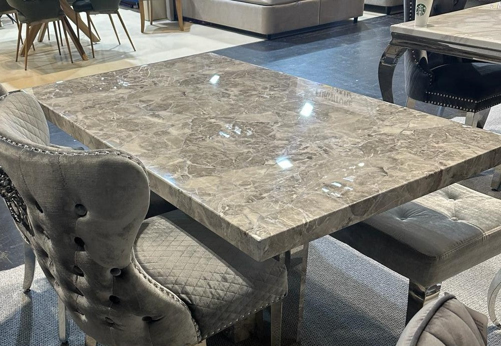 Minsk 180cm Grey Marble Round Dining Table + Chrome Lion Knocker Velvet Chairs