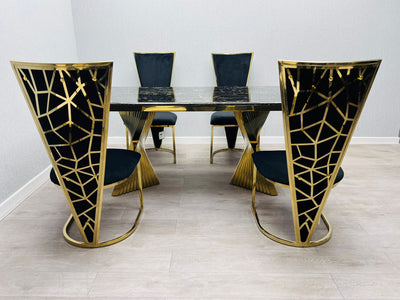 Ravello 180cm Gold Dining Table With Florence High Back Velvet Gold Chairs