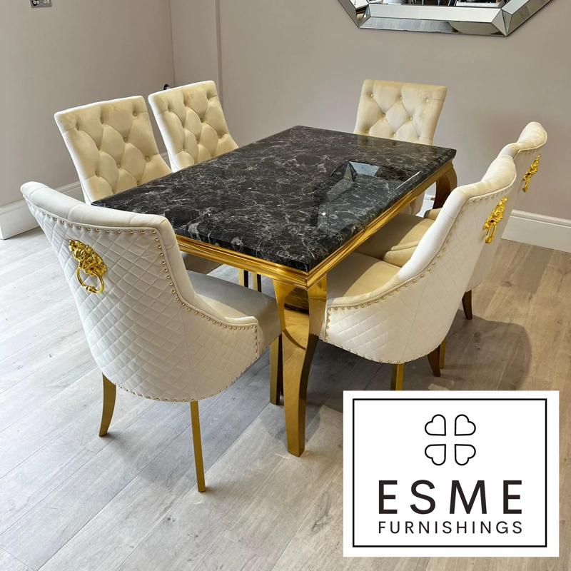 Louis Gold Marble & Chrome Dining Table With Gold Quilted Lion Knocker Velvet Chairs