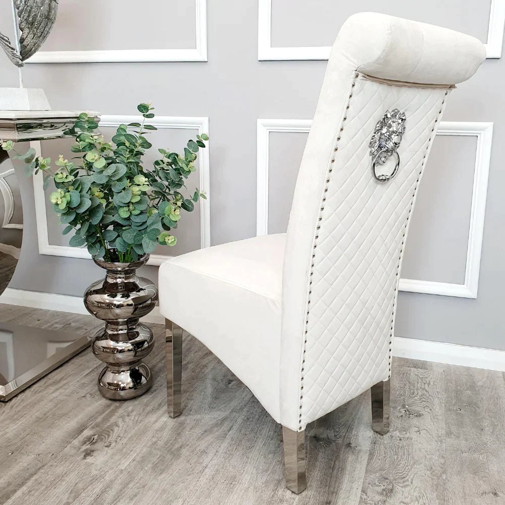 Louis Marble & Chrome Dining Table With Lucy Slim Quilted Lion Knocker Velvet Chairs & 140cm Bench