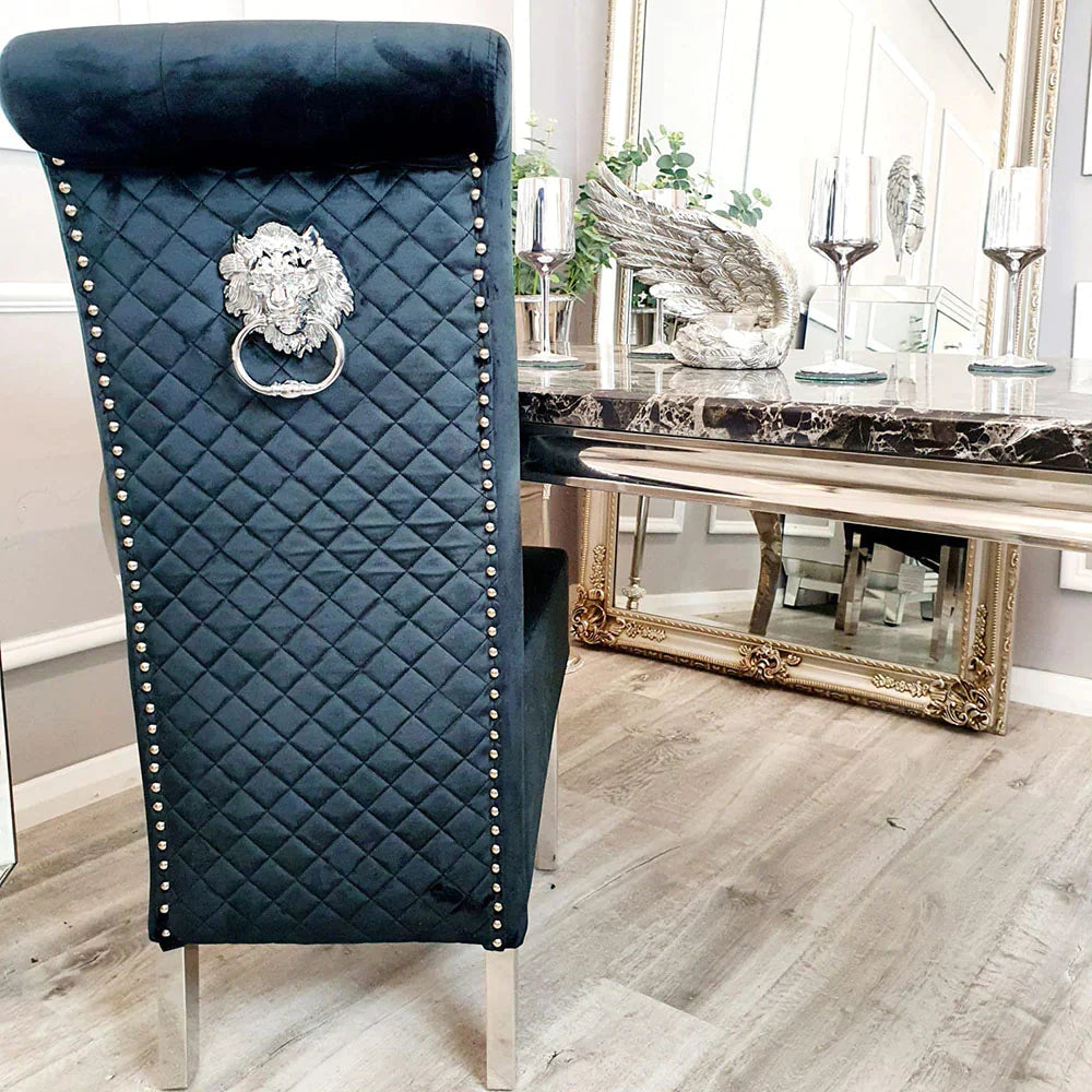 Louis Marble & Chrome Dining Table With Lucy Slim Quilted Lion Knocker Velvet Chairs & 140cm Bench