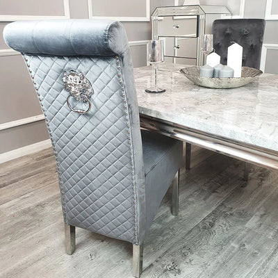 Louis Marble & Chrome Dining Table With Lucy Slim Quilted Lion Knocker Velvet Chairs & 140cm Bench