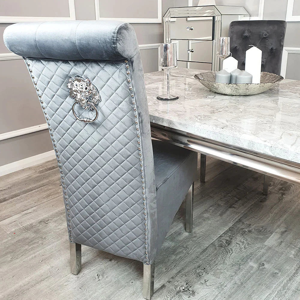 Ottavia 180cm Marble & Chrome Dining Table With Lucy Slim Quilted Lion Knocker Velvet Chairs