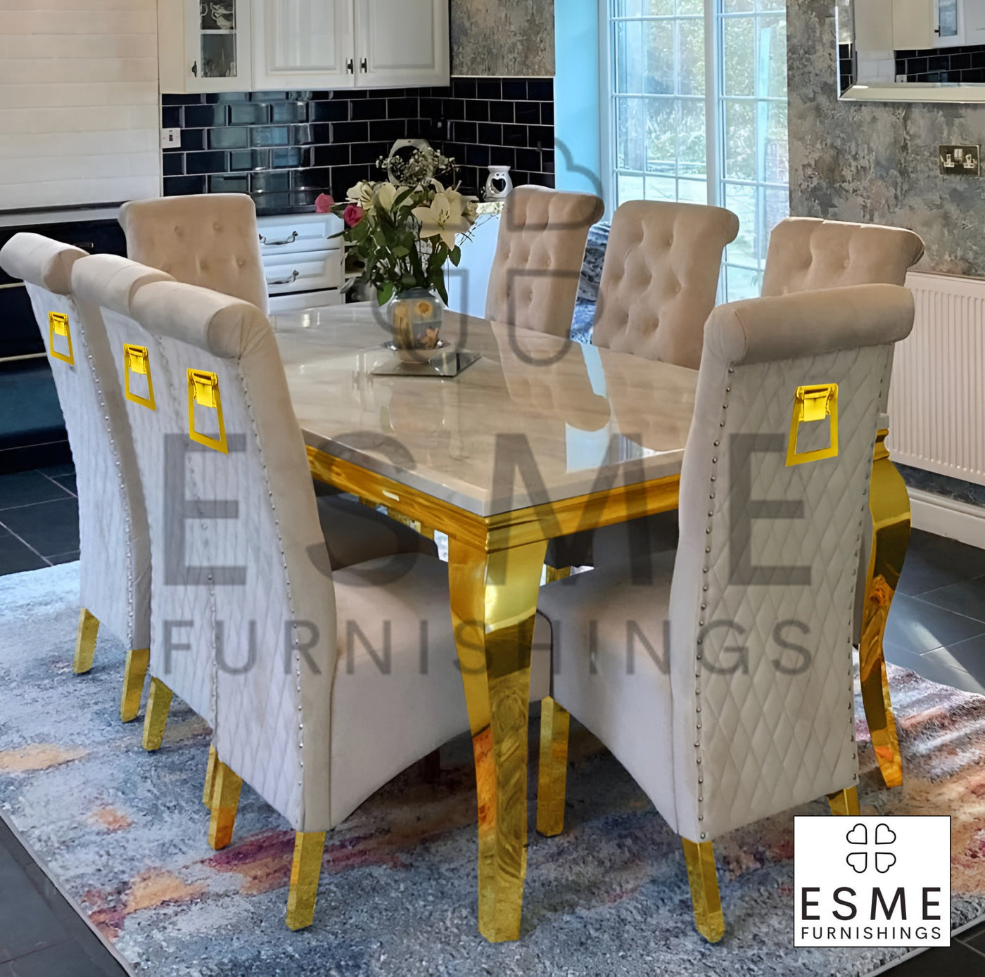 Louis Marble & Gold Dining Table With Lucy Slim Quilted Gold Ring Square Knocker Velvet Chairs