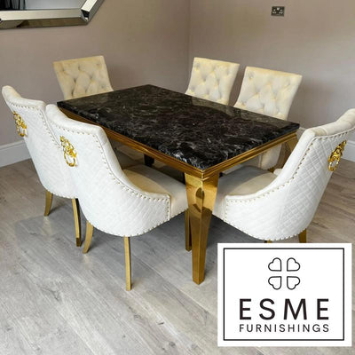 Louis Marble & Gold Dining Table With Gold Quilted Lion Knocker Velvet Chairs