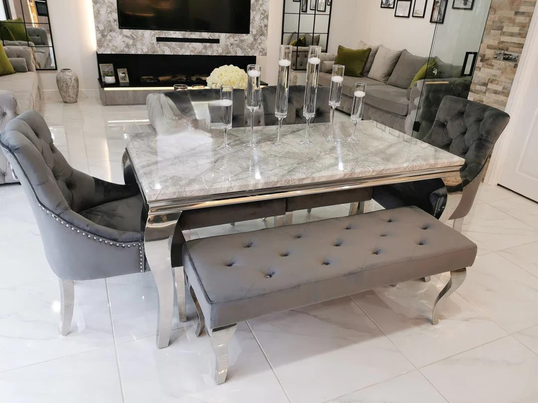Louis Marble & Chrome Dining Table With Grey Ring Knocker Velvet Chairs & Bench