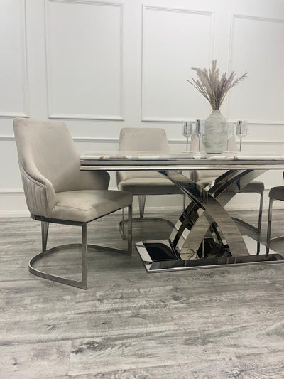 Ottavia 180cm Marble & Chrome Dining Table With Carlton Grey/Chrome Velvet Chairs