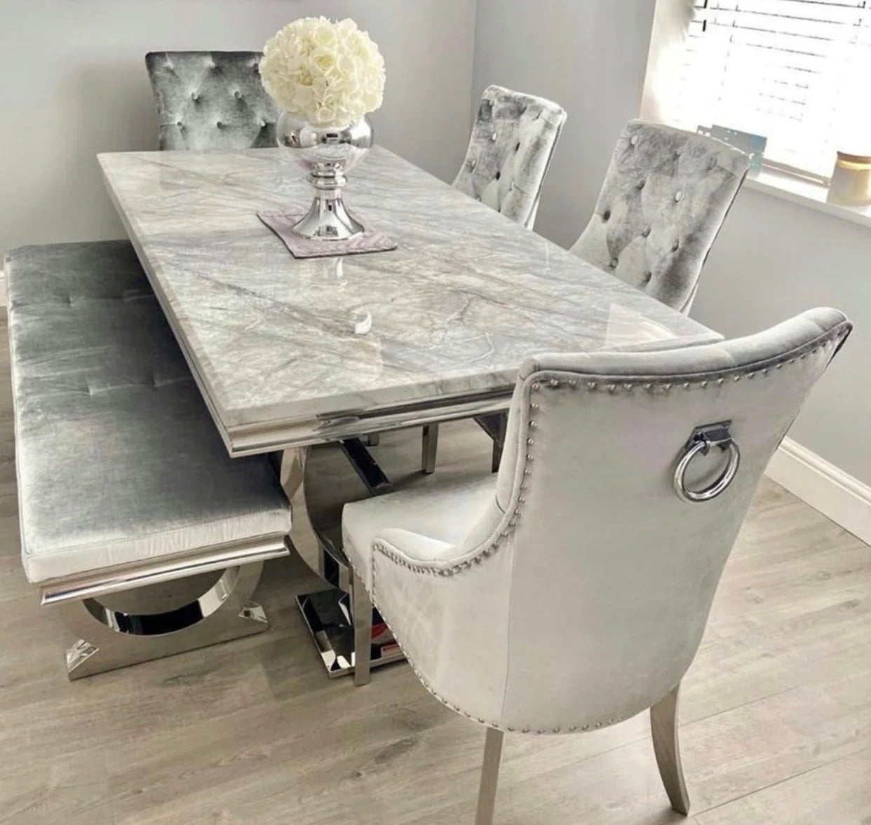 Arianna 180cm Grey Marble Dining Table + Belle Grey Velvet Dining Chairs + Grey 180cm Bench